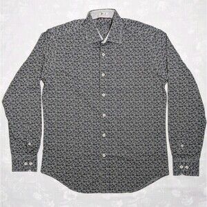 Bugatchi Shirt Men’s Small Button Up Dark Gray Shaped Fit Floral Print Stripped